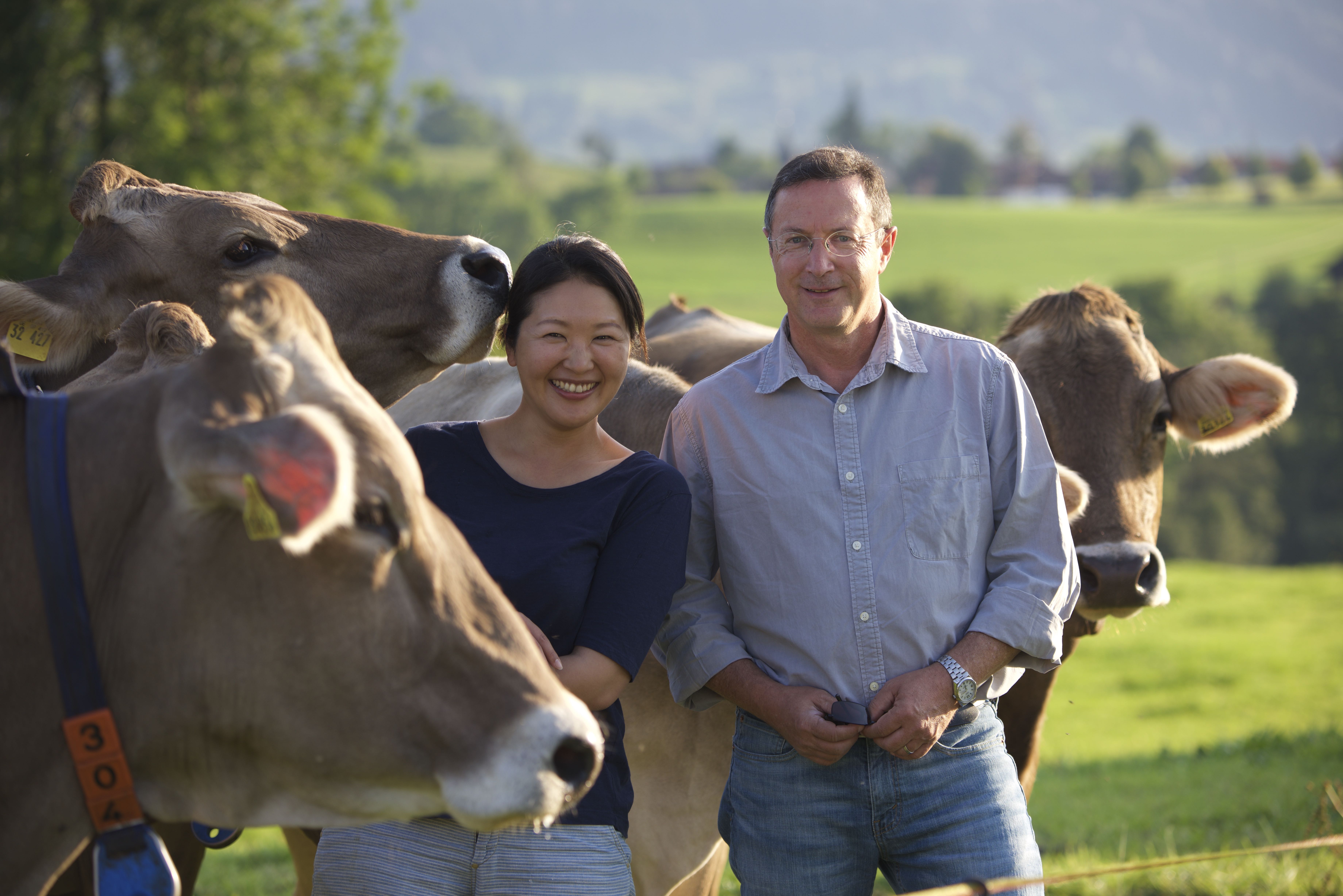 Klaus Scherer und Azusa Mori mit Kühen